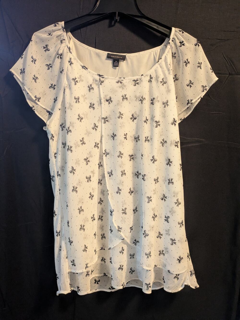Tamara H. White Sheer Chiffon Blouse Black Bow Polka Dot Print Top Size L